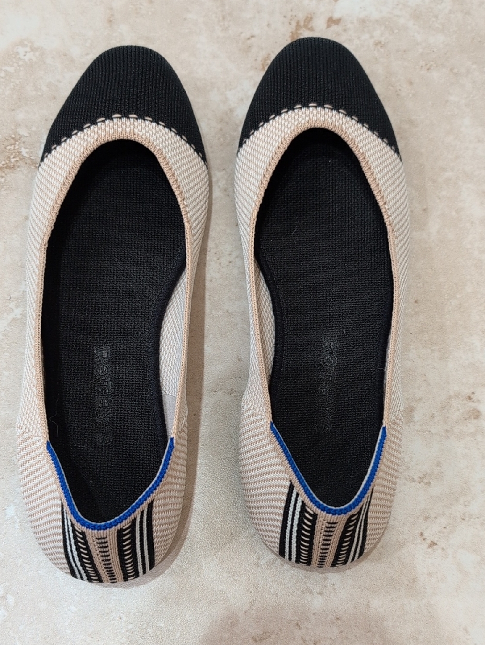 Rothy's Two-Tone Knit Ballet Flats in Black and Beige with Blue Accent